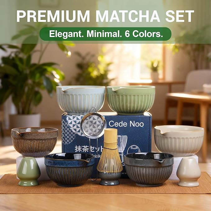 Matcha Whisk Set, Matcha Starter Kit for Tea Ceremony, Ceramic Matcha Bowl with Spout, Bamboo Whisk, Scoop, Ceramic Holders, Stainless Sifter, Towel, 7pcs Japanese Tea Making Tools (Green)