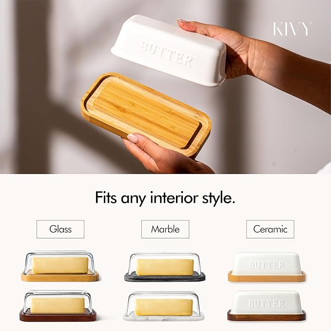 KIVY Butter Dish (White Marble & Glass) - For countertop and refrigerator door shelf - Marble butter keeper - Stone butter dish with lid - Dishwasher Safe