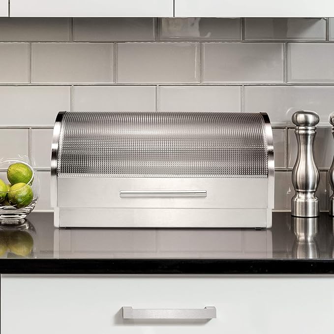 Oggi Stainless Steel Roll Top Bread Box for Kitchen Countertop with Tempered Glass Lid - Fits Multiple Large Loaves of Bread and Other Freshly Baked Goods Including Cookies, Bagels, Muffins