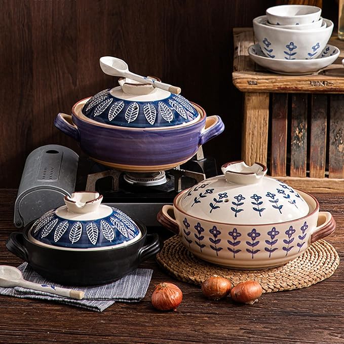 Ceramic Casserole, Japanese Clay Pot Donabe Stone Rice Pot With Lid, Earthen Pot Stockpot Ceramic Casserole Cooker Healthy Cookware Stove Pot Soup Hot Pot(Color:E)