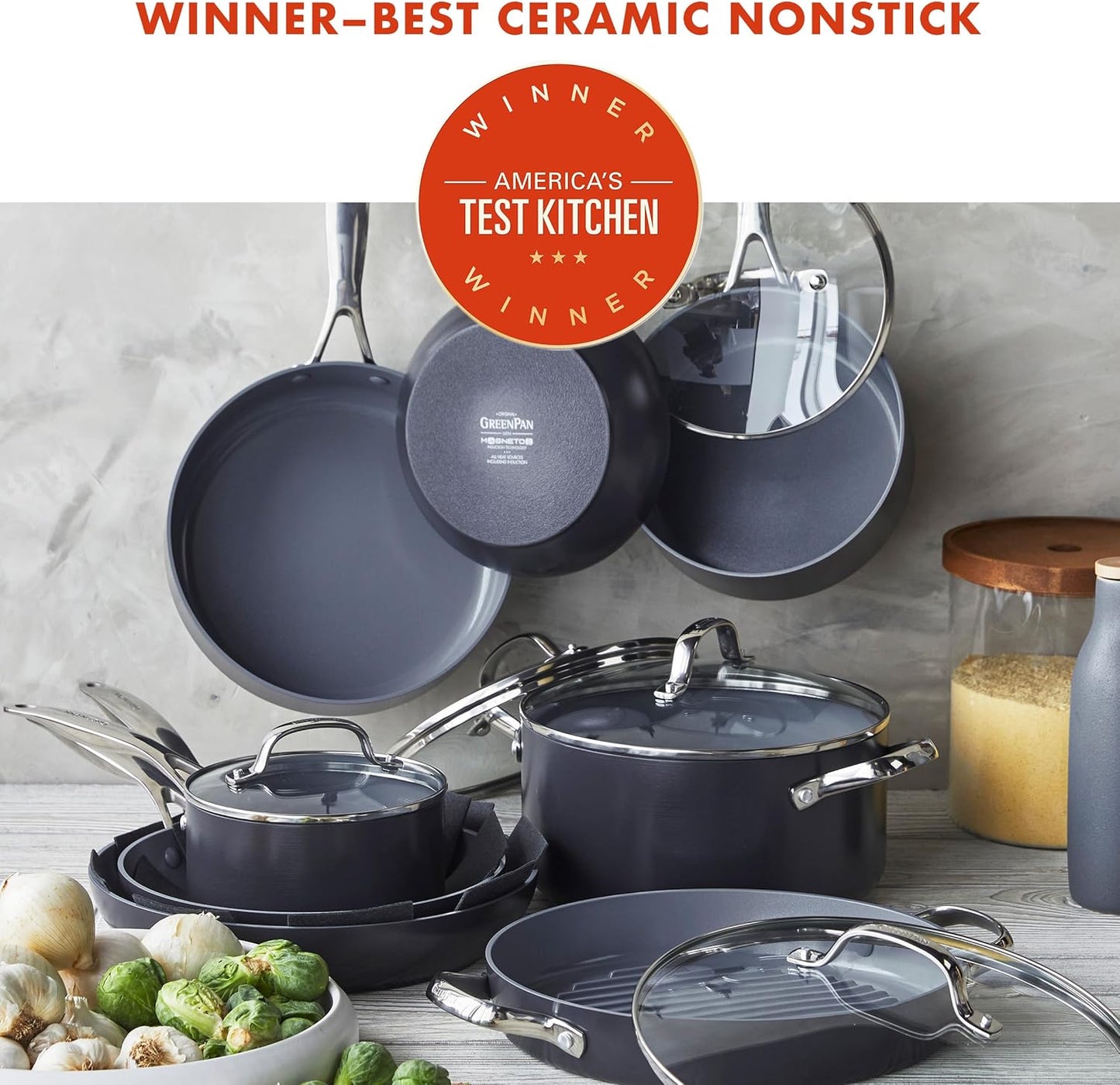 GreenPan 16 Piece Valencia Pro Ceramic Nonstick Cookware Set, PFAS-Free, Induction Ready, Hard Anodized Pots & Pans with Lids, Compatible on All Cooktops, Dishwasher & Oven Safe, Gray