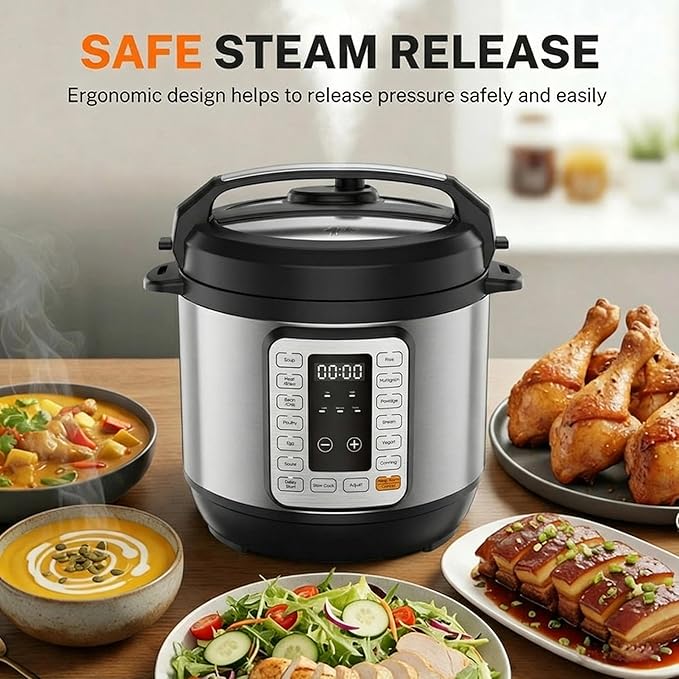 Simple Deluxe 8QT Electric Pressure Cooker, 16-in-1 & Non-Stick Stainless Steel Multi Cooker with 12 Presets for Slow Cook, Meat Stew, Steam, Sauté, Canning, Yogurt Maker, Dishwasher Safe, Silver