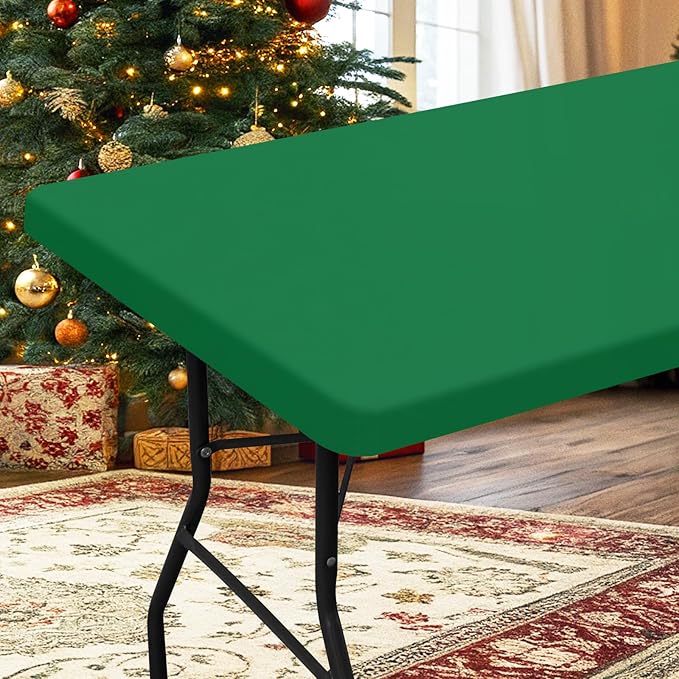 homing Rectangle Table Cloth Cover, Waterproof Polyester Elastic Fitted Tablecloth, Fits for 8 Foot Folding Tables, Washable Table Protector for Christmas, Holiday, Party (Hunter Green, 30" x 96")