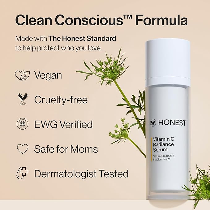 Honest Beauty Mini Vitamin C Radiance Serum | Improves + Brightens Skin Tone and Complexion | Gentle for Sensitive Skin, Fragrance Free, Vegan | Travel Size, .33 fl oz