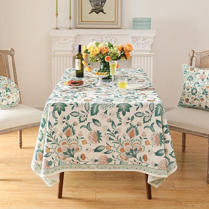 patdrea Designer Green Long Rectangle Table Cloth,Vintage Italian Floral Country Linen Breathable Tablecloth,Decor Cover for Kitchen Dining,Christmas,Tea Party,Thanksgiving,63"x102"-Tree Life