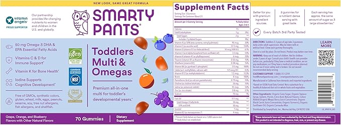 SmartyPants Toddler Multivitamin Gummies: Omega 3 Fish Oil (EPA/DHA), Vitamin D3, C, Vitamin B12, B6, A, K & Zinc, Biotin, Beta Carotene, Gluten Free, Three Fruit Flavors, 70 Count (23 Day Supply)