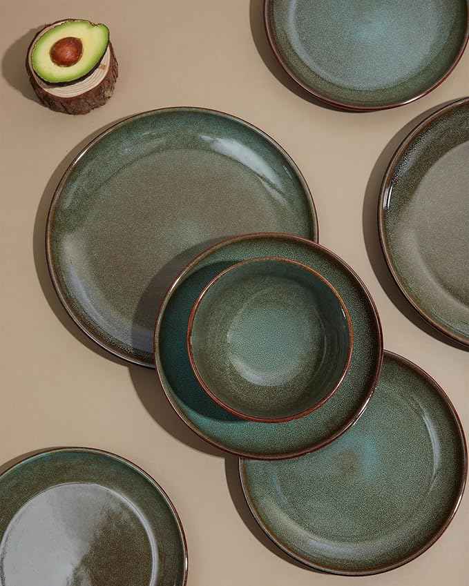 12 Piece Dinnerware Sets with Pasta Bowls, Stain Resistant Dish Set, Easy Cleaning Dishes, Multi-Functional Plate and Bowl Set, Stack Compactly Plates, Service for 4 Sage Green