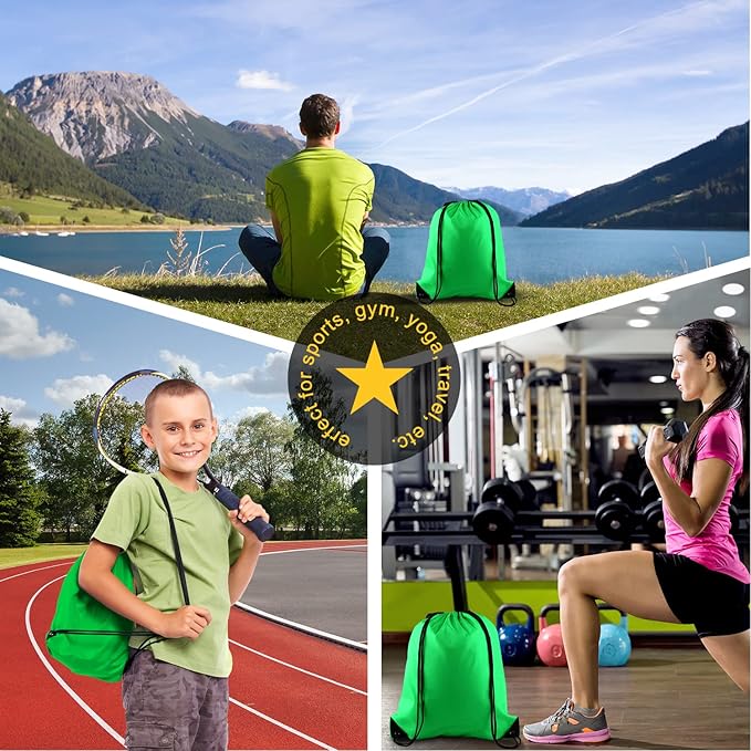 KUUQA 100Pcs Green Drawstring Backpacks - Bulk Gym Sport Travel Bags