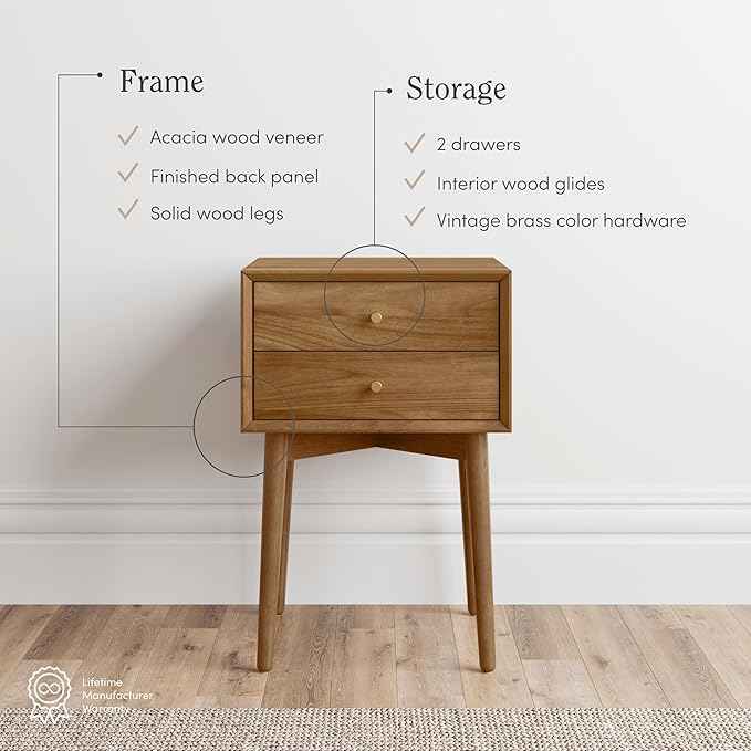 Nathan James 32704 Harper Mid-Century Oak Wood Nightstand with 2-Drawers, Small Side End Table with Storage, Brown