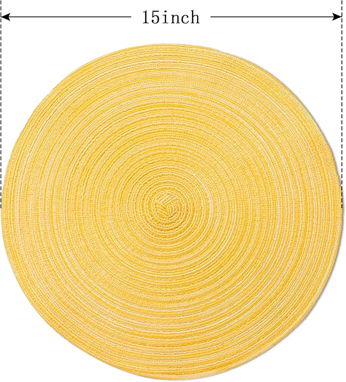 FunWheat Round Braided Placemats Set of 8 Place mats for Dining Tables Woven Heat Resistant Table Mats 15 inch(E Yellow, 8pcs)