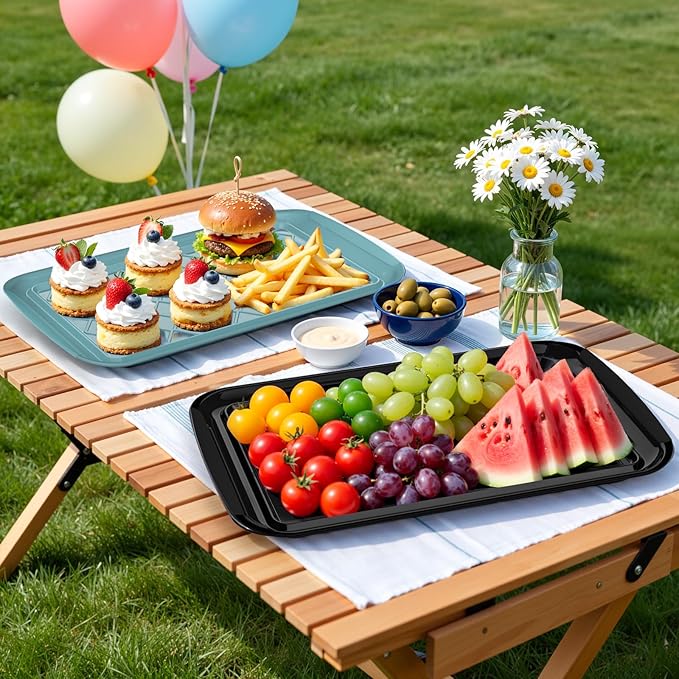 Serving Trays for Party - Set of 4, Large Serving Platters for Raw and Cooked Food, Dishwasher Safe, 17×10.5-inch Stackable Plastic Party Supplies for Grilling, BBQ, Meal Prep (Green, Black)