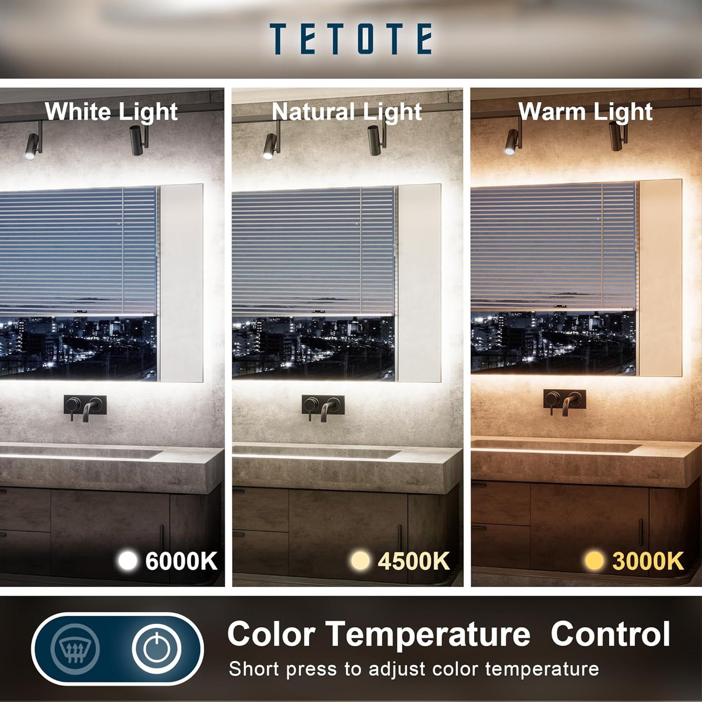 TETOTE Backlit Bathroom 84 x 32 Vanity Mirror with Light,3 Color White/Warm/Natural,Anti-Fog Lighted Mirror,Dimmable,Wall Mounted