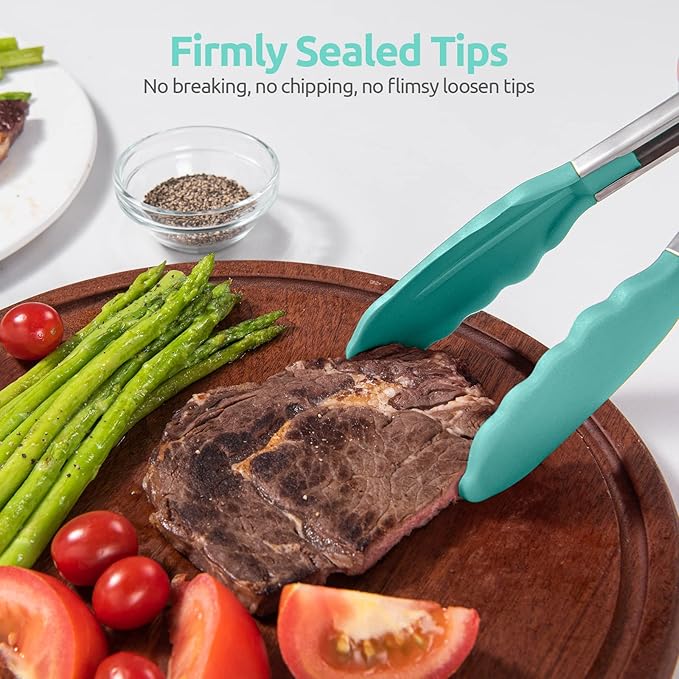 Heat Resistant Silicone Kitchen Tong: U-Taste 9 inch 480ºF Hot Proof Cooking Tong with Firm Sealed Non Stick Rubber Tips & Silicon Coated Steel Handle & Smooth Locking for Serving Grill Salad-Aqua Sky