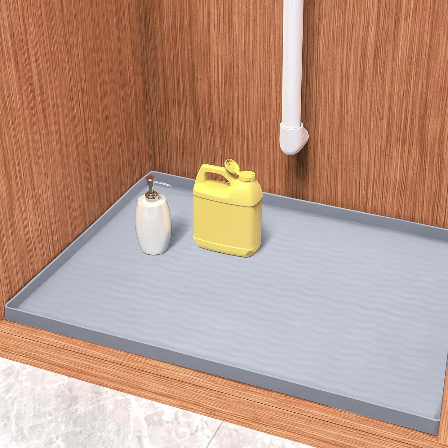 URMONA Waterproof Silicone Under Sink Mat 19'' x 12'' Shelf Liner for Kitchen and Bathroom, Cabinet and Counter Protector, Storage and Organizers, Litter Mat, Pet Cat Puppy Essentials(Light Grey)