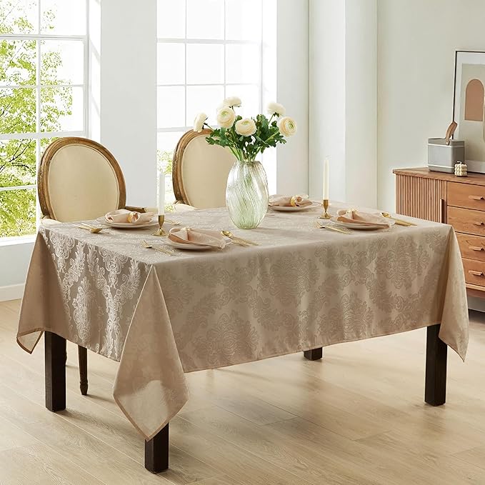 Newbridge Barcelona Luxury Damask Fabric Tablecloth, 60” Wide x 120” Rectangle, Golden Beige, 100% Polyester, No Iron, Soil Resistant Dining Room, Party and Banquet Table Cover