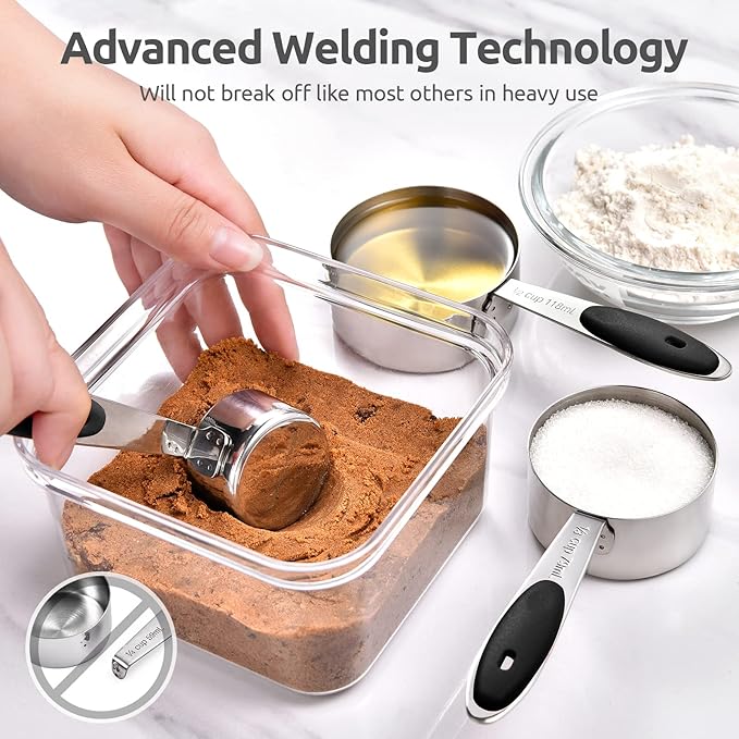 U-Taste 12 Piece Measuring Cups and Spoons Set in 18/8 Stainless Steel, and 18/8 Stainless Steel 3.9 inch 30 Mesh Strainer (Black)