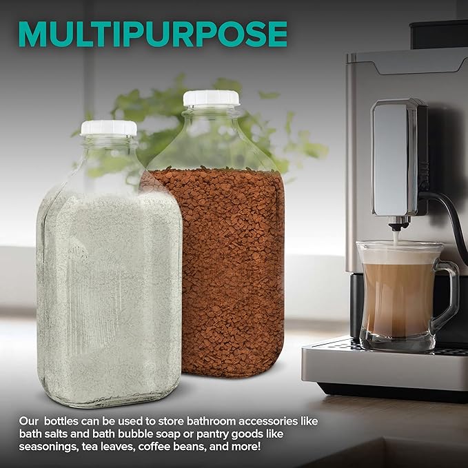 Stock Your Home Half Gallon Glass Milk Bottle with Lid (3 Pack) 64 Oz Jugs and 6 White Caps, Reusable Food Grade Milk Container for Refrigerator, Bottles for Juice, Oat or Plant Milks, Water, Honey