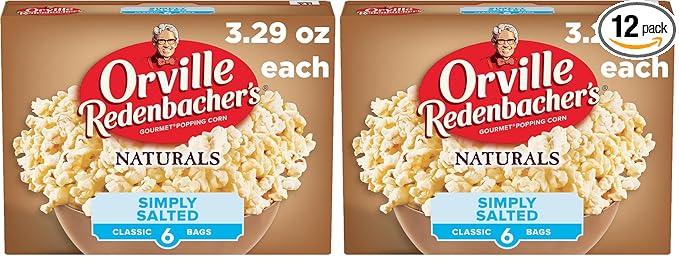 Orville Redenbacher’s Microwave Popcorn, Naturals Simply Salted Popcorn, 3g Fiber Per Serving, 3.3 oz., 6-Count (Pack of 2)