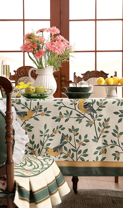 patdrea Designer Green French Linen Long Rectangular Tablecloth,Vintage Durable Floral Table Cloth,Decorative Table Cover for Kitchen Dining,Parties,Party,Christmas,Thanksgiving,63"x94"-Warbler