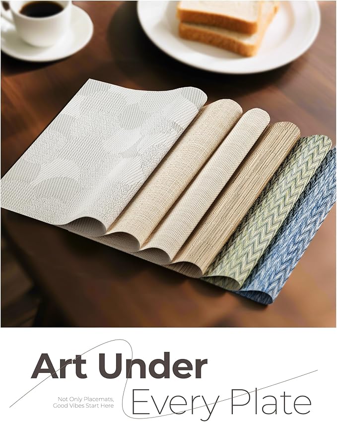 Leetaltree Beige White Placemats Set of 4 - Heat Resistant Non-Slip Place mats for Dining Table, Washable Durable PVC Vinyl Woven Table Mats(Beige White, 4)