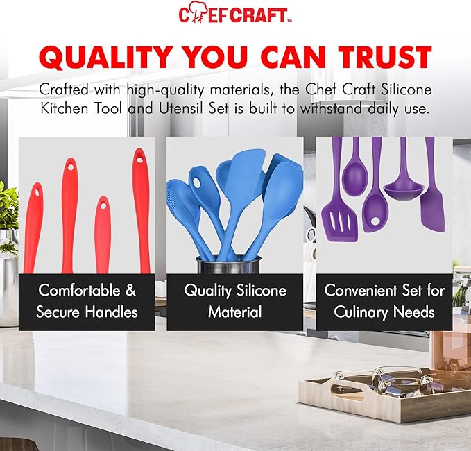 Chef Craft - Premium Silicone Kitchen Tools and Utensils Set, Non-Scratch, Withstands Temperatures up to 450°F, BPA-Free, 5 Piece Cooking Utensils Set, Gray
