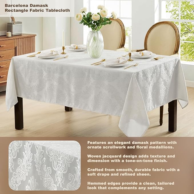 Newbridge Barcelona Luxury Damask Fabric Napkins, Set of 4 Square Napkins, White, 100% Polyester, No Iron, Soil Resistant Dining Room, Party and Banquet Napkins