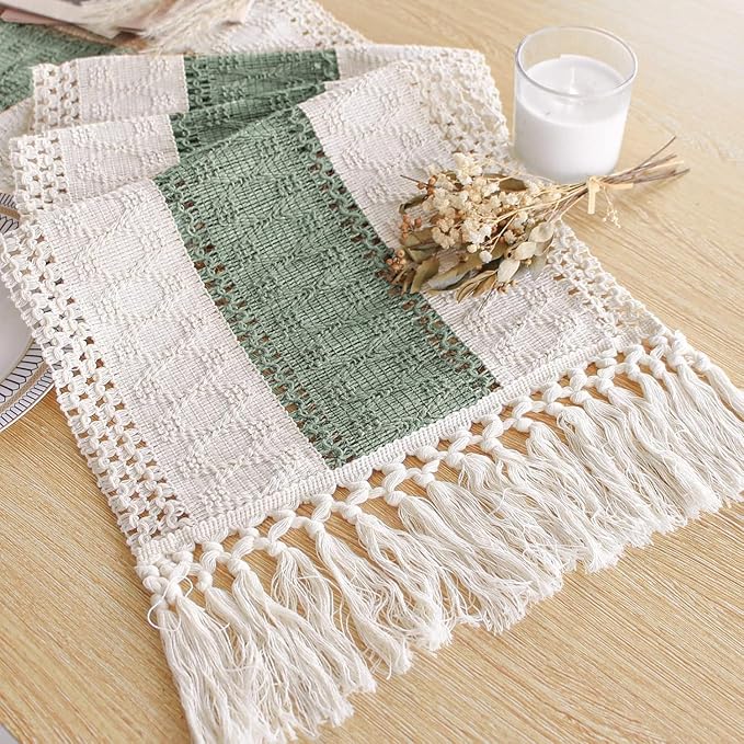 FEXIA Boho Table Runner for Home Decor with Tassels 108 Inches Long,Sage Green Farmhouse Rustic Table Runner Macrame Burlap Table Decoration for Living Room Bridal Shower(12x108 Inches)