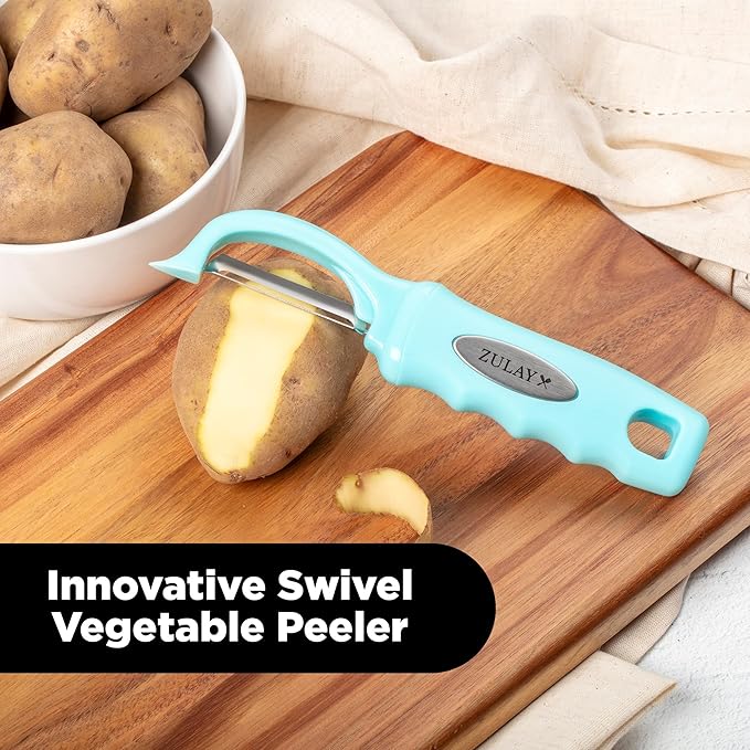 Zulay Kitchen Premium Vegetable Peeler for Kitchen - Swivel Peeler with Razor Sharp Stainless Steel Blades & Strong Ergonomic Handle - Dishwasher Safe, Easy To Use with Blemish Remover - Light Blue