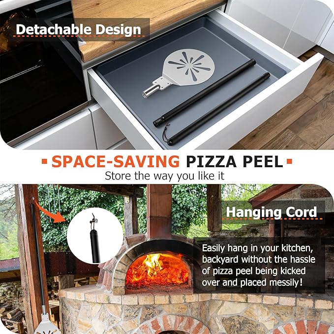 9 Inch Pizza Peel Turning, Joyfair Perforated Pizza Turner with Long Detachable Handle, Stainless Steel Spatula Paddle for Rotating Sliding, Metal Tools Oven Accessories, Easy Cleanup (Painted Handle)