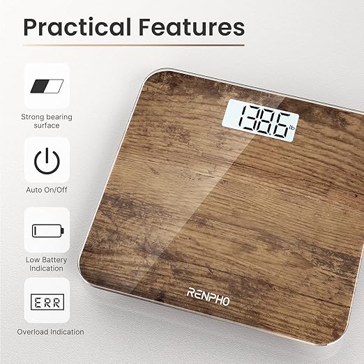 RENPHO Digital Bathroom Scale, Highly Accurate Body Weight Scale with Lighted LED Display, Round Corner Design, 400 lb, Core 1S, Wooden