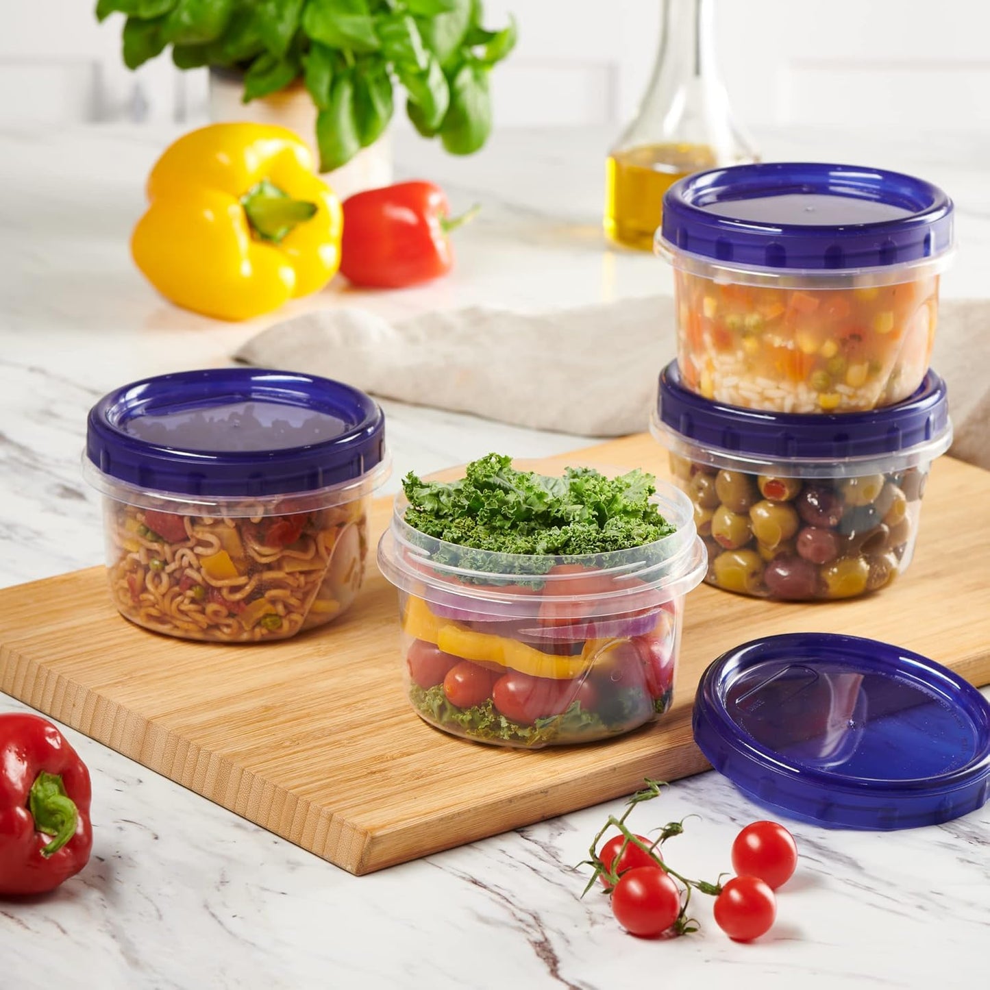 PLASTICPRO 6 Pack Twist Cap Food Storage Containers with Blue Screw on Lid- 16 oz Reusable Meal Prep Containers - Freezer and Microwave Safe Blue Plastic Food Storage