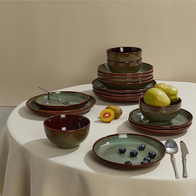 Pokini 24 Piece Double Bowl Dinnerware Sets with Pasta Bowls, Highly Chip and Crack Resistant Plates and Bowls Sets, Natural Earthyware Ceramic Dishware Sets, Service for 6 Sage Green