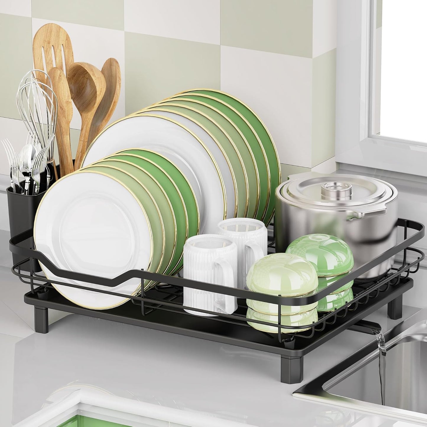 Dish Drying Rack, Stainless Steel Rustproof Dish Rack for Kitchen Counter, Sturdy Dish Drainer with Drainboard, Drainage, Utensil Holder for Various Kitchenware, 16.2"(L) x 12.6"(W), Black
