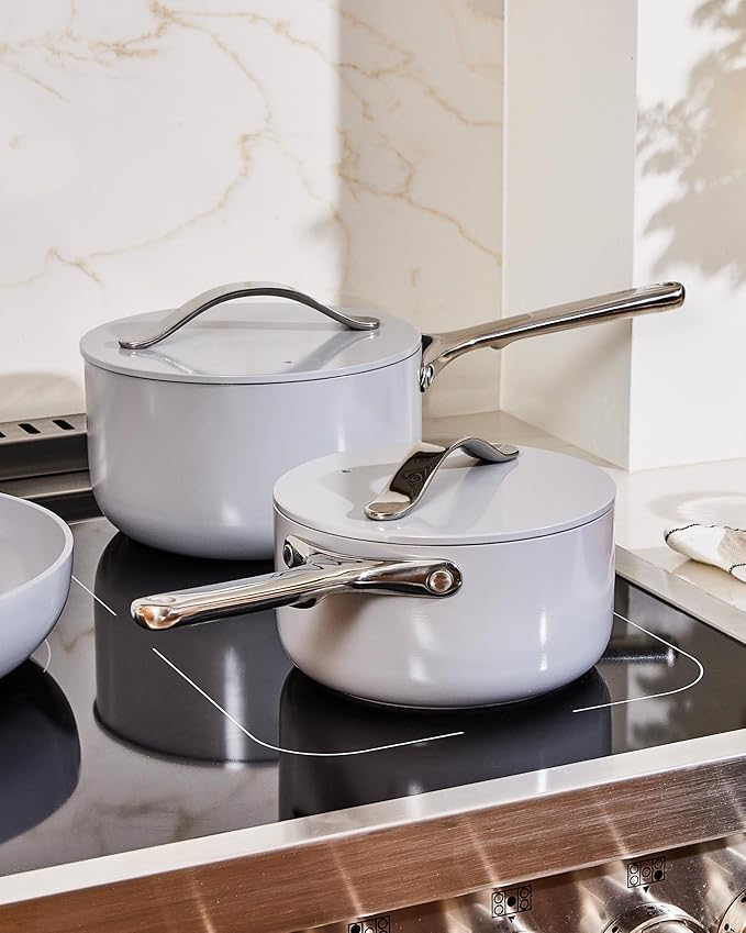 Caraway Nonstick Ceramic Sauce Pan with Lid (3 qt) - Non Toxic, PTFE & PFOA Free - Oven Safe & Compatible with All Stovetops (Gas, Electric & Induction) - Black