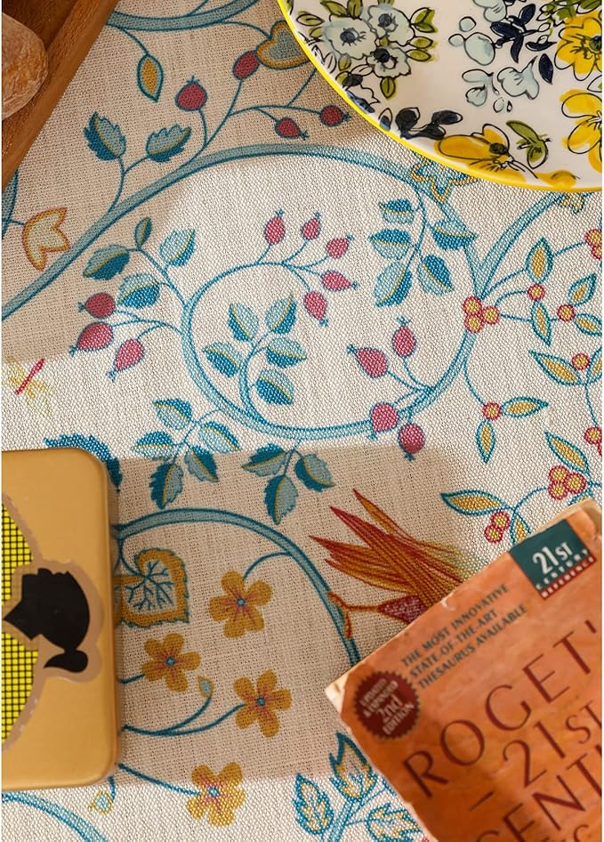 patdrea Designer French Tablecloth for Rectangle Table,Floral Birds Pattern Linen Long Table Cloth,Yellow Decorative Cover for Kitchen Dining Banquet,Christmas,Thanksgiving,63"x94"-Magnolia