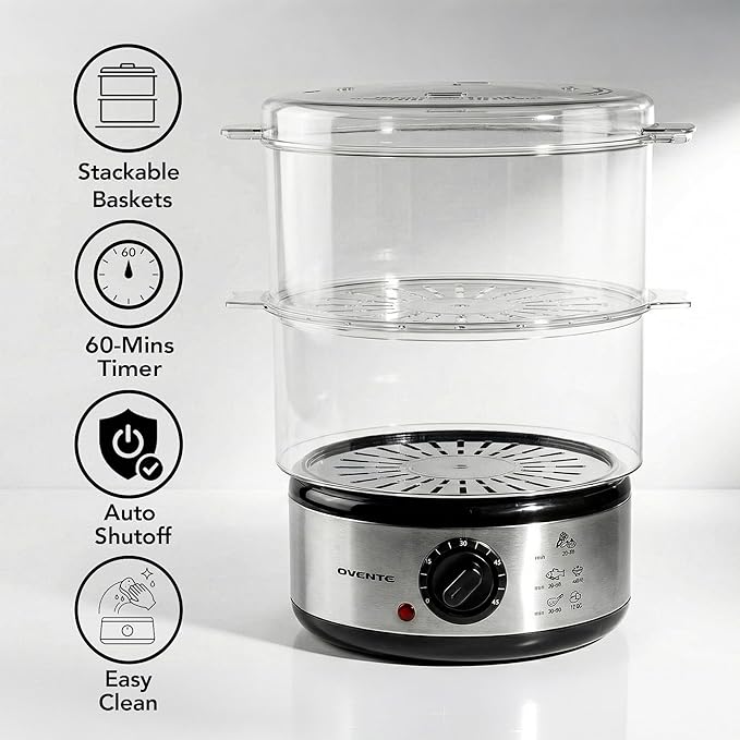 OVENTE 2-Tier Electric Food Steamer, 5 Quart Stainless Steel Stackable Steam Cooker with 400W Power, 60-Minute Timer & Auto Shut-Off, Dishwasher Safe, Healthy Vegetable & Seafood Steamer, Silver FS62S