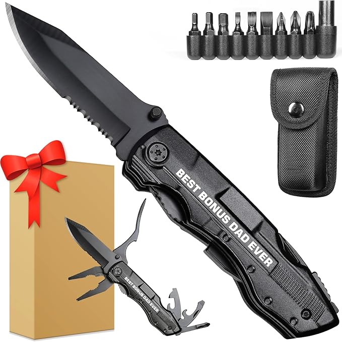 Bonus Dad Gifts, Multitool Knife, Bonus Dad Christmas Practical Gifts, Bonus-Dad Fathers Day Birthday Gift, Gift for Camping, Hiking, Fishing, 20 in 1 Multitool