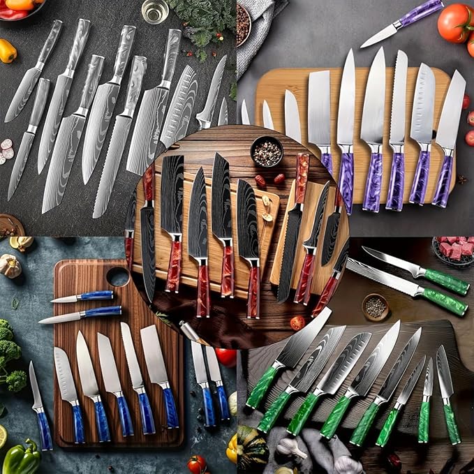 8-Piece Premium Japanese Kitchen Knife Set - Imperial Collection, Laser Damascus Pattern, 440A Stainless Steel Ultra Sharp for Fast Cutting (Blue 8J)
