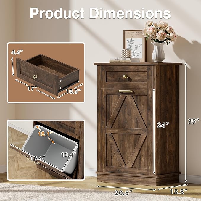 JUMMICO Tilt-Out Trash Can Cabinet, 10 Gallon Laundry Hamper Cabinets with Drawers, for Kitchen, Dining Room and Living Room (Brown, 1 Piece)