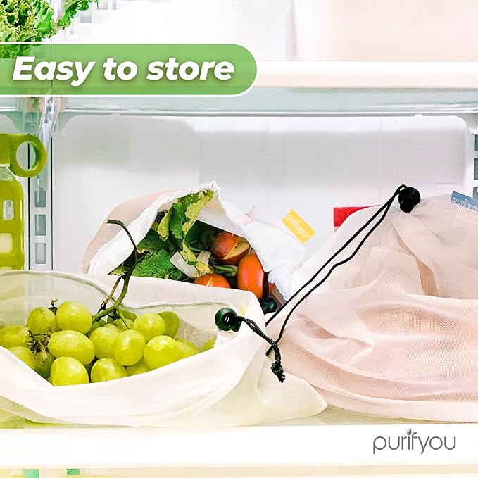 purifyou Set of 10 Reusable Produce Bags - Large (12x14), Farmers Market Bags, Washable Shopping Bags, Gift Bags, Storage for Fruits, Vegetables, Toys, Groceries, Kitchen and Home Organizer
