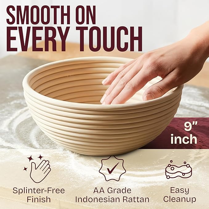 Superbaking Banneton Bread Proofing Basket, Sourdough Bread Baking Supplies, Round 9 Inch Sourdough Starter Kit, Proofing Basket for Baking, Bread Making Supplies Tools, Banneton Basket Gift Set