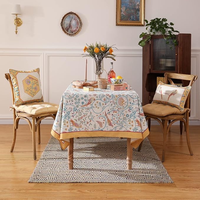 patdrea Designer French Tablecloth for Rectangle Table,Floral Birds Pattern Linen Long Table Cloth,Yellow Decorative Cover for Kitchen Dining Banquet,Christmas,Thanksgiving,63"x94"-Magnolia