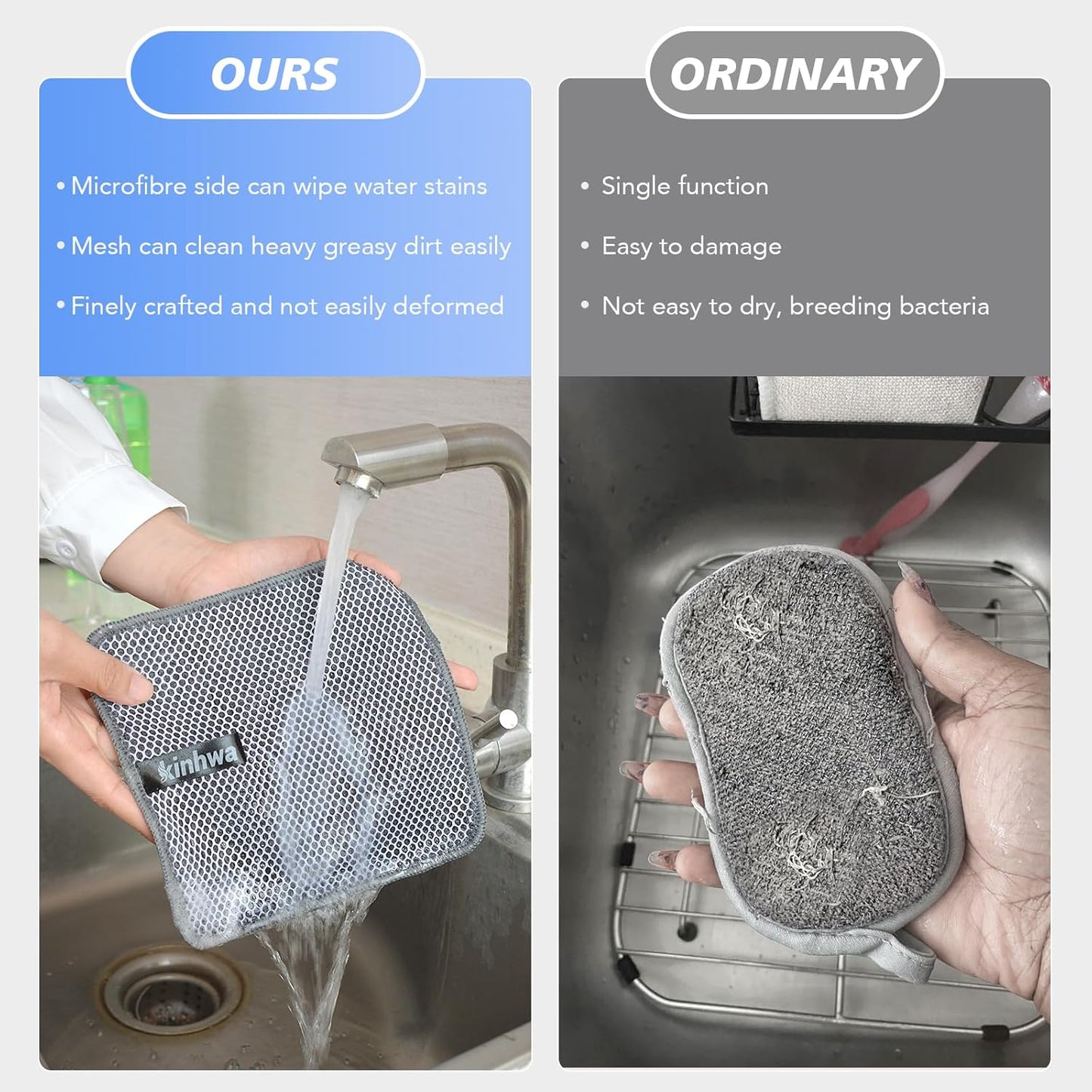 KinHwa Kitchen Washcloths for Dishes Absorbent Microfiber Dish Cloths Quick Dry Dish Rags with Poly Scour Scrub Side Ideal for Kitchen Cleaning (Gray, 7inchx7inch 9 Pack)