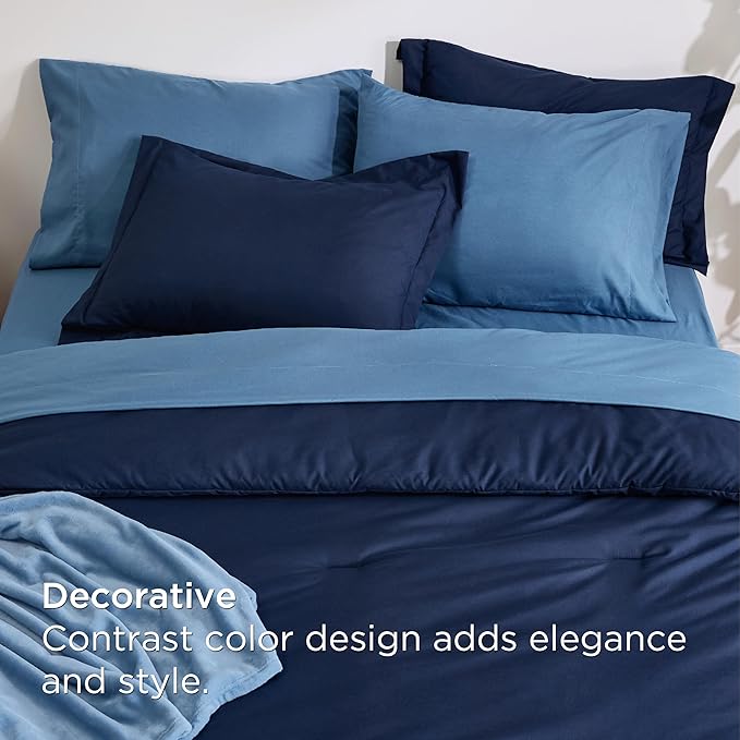 Bedsure Full Comforter Set Navy Blue, 8 Pieces Prewashed Full Size Bed in a Bag with Soft Fleece Bed Blanket, Down Alternative Bedding Set for All Seasons, Sheets, Pillowcases & Shams