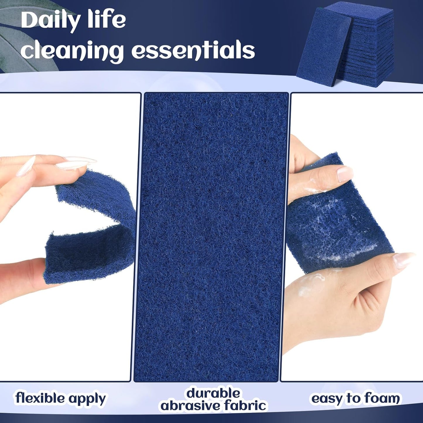 Hoolerry 100 Pcs Heavy Duty Scouring Pads Non Scratch Household Scrub Pads for Cleaning Reusable Pan Scrubber Anti Grease Scrubbing Pads for Dish Kitchen Metal Grills, 4.3 x 3 x 0.3 in (Blue)