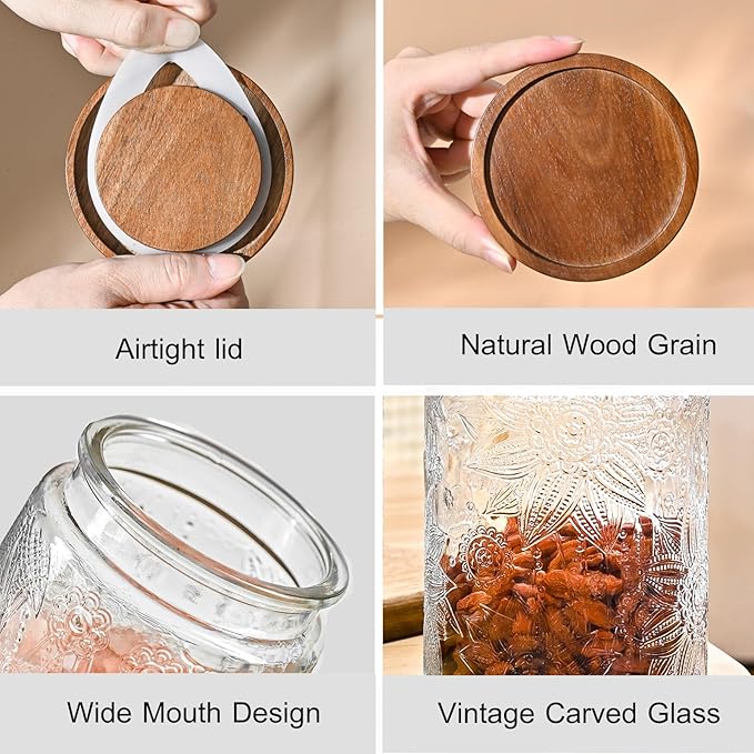 Adodeen 3-Pack 32oz Vintage Glass Jar With Lid, Glass Storage Containers, Airtight Kitchen Storage Containers For Sugar, Coffee, Tea, Spice, Flour, Candy Cookie, Pasta, Cereal