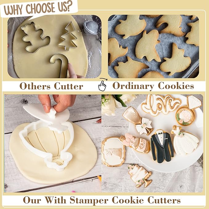 Flycalf Wedding Cookie Cutters with Plunger Stamps Bouquet Bridesmaid Bridal Shower Holiday PLA Cake Baking Accessories Cutter Molds for Kids Decorative Party 3" Kitchen Cake Supplies