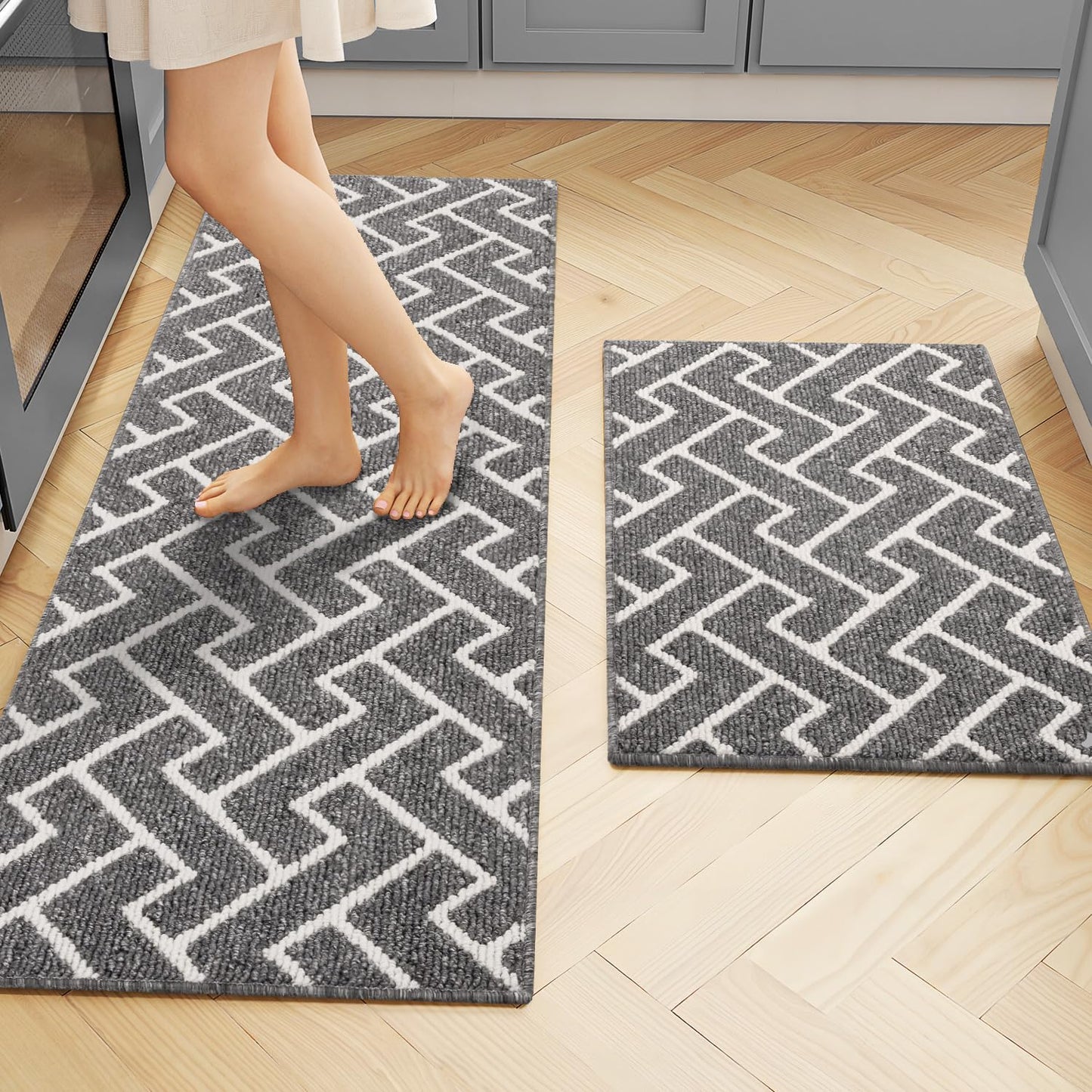 hicorfe Kitchen Rugs and Mats Sets,Non-Slip 2 Pieces Absorbent 100% Polypropylene Rug,Comfort Kitchen Runner Mat,Washable for Kitchen,Sink,Laundry(20" x 31.5" Plus 20" x 48",Grey)
