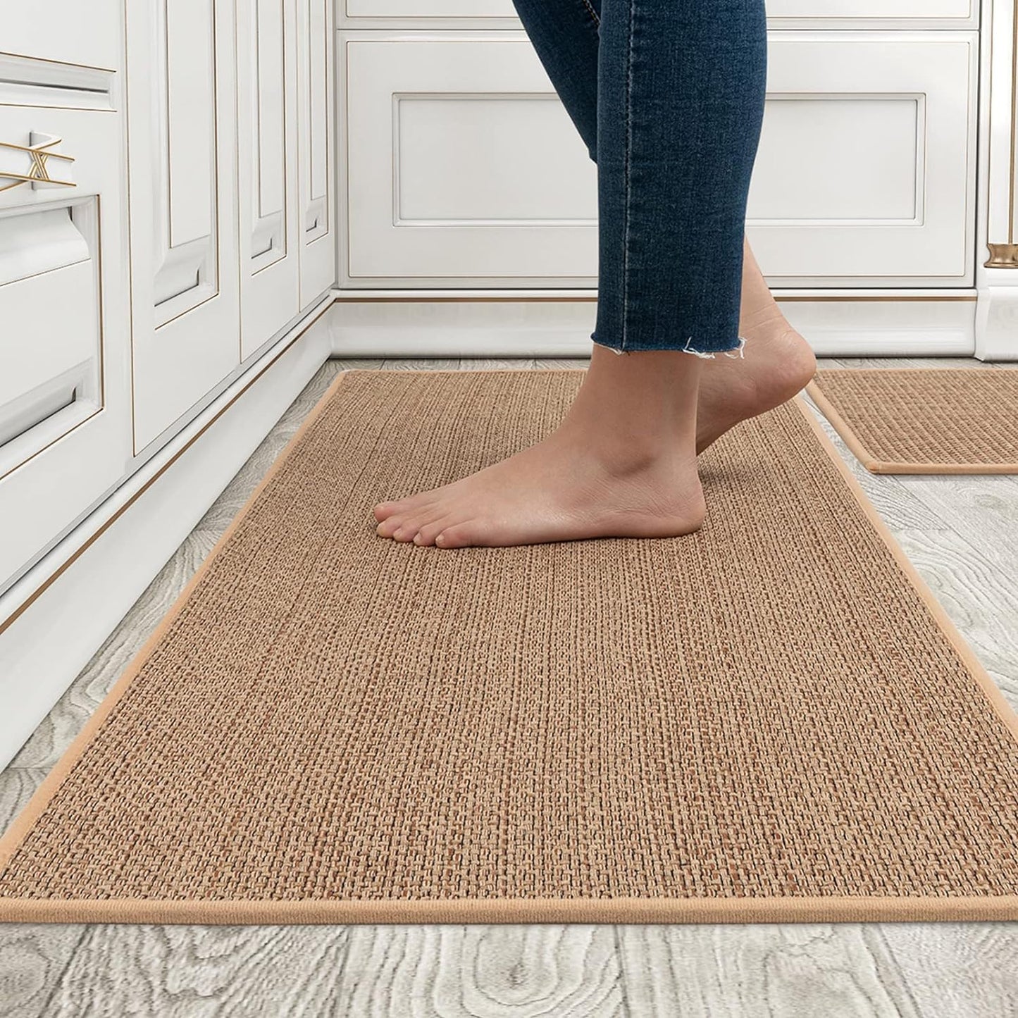 Kitchen Rug Sets and Mats Non Skid Washable, Absorbent Runner Rugs Sets for Kitchen Floor, Front of Sink, Kitchen Mats Set for Floor (Beige,17"x30"+17"x47")