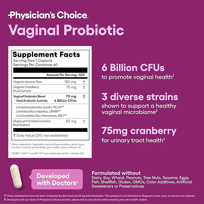 Physician's CHOICE Vaginal Probiotics for Women - pH Balance, Odor Control, Yeast Balance, Vaginal Flora & Feminine Health - 6B CFU with Organic Prebiotics and Cranberry Extract - 60 CT